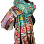 Stort turkis grønt sjal i pashmina og uld Kalamkari