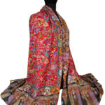 Stort rødt sjal i pashmina og uld Kalamkari