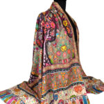 Stort beigefarvet sjal i pashmina og uld Kalamkari
