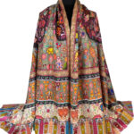 Stort beigefarvet sjal i pashmina og uld Kalamkari